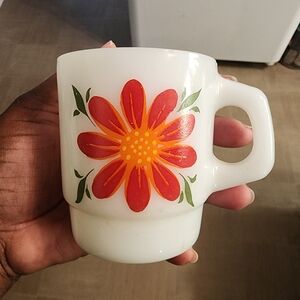 Vintage Anchor Hocking Fire-King Milk Glass Mug Red /Orange Flower Made In USA